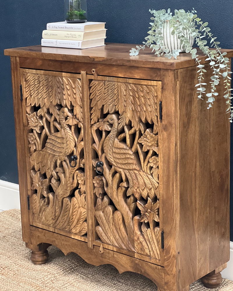 Two Door Mango Wood Sideboard with Peacock Carved Detailing