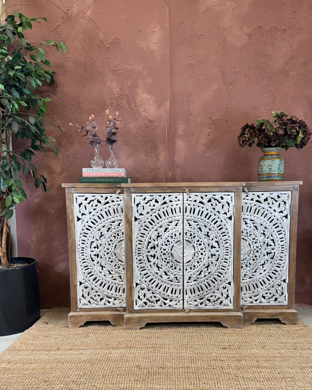 Hand-Carved Mango Wood 4-Door Sideboard with Whitewashed Floral Detailing