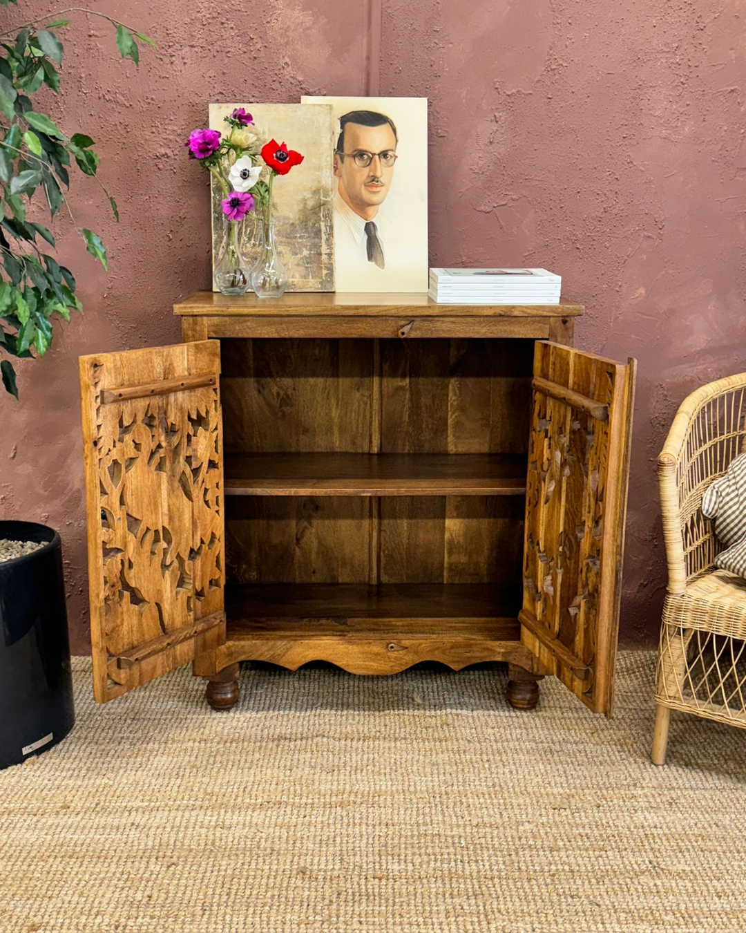 Handcrafted Two Door Peacock Carved Mango Wood Sideboard