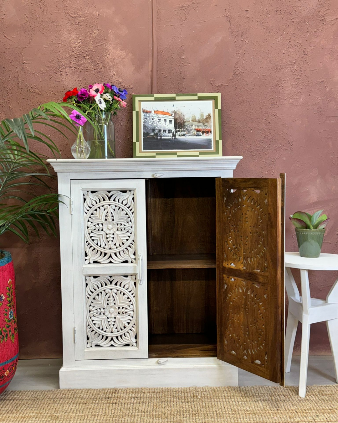 Whitewashed Hand-Carved 2-Door Sideboard