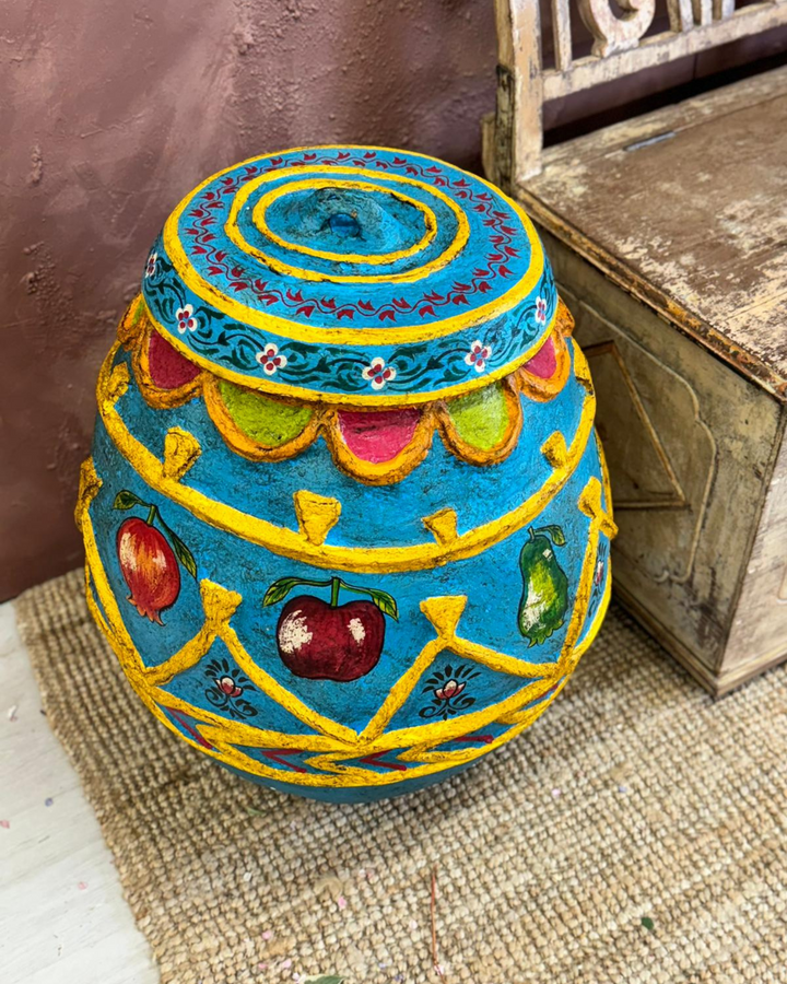 Handcrafted Indian Papier-Mâché Decorative Pot with Lid – Vibrant Floral and Fruit Motif