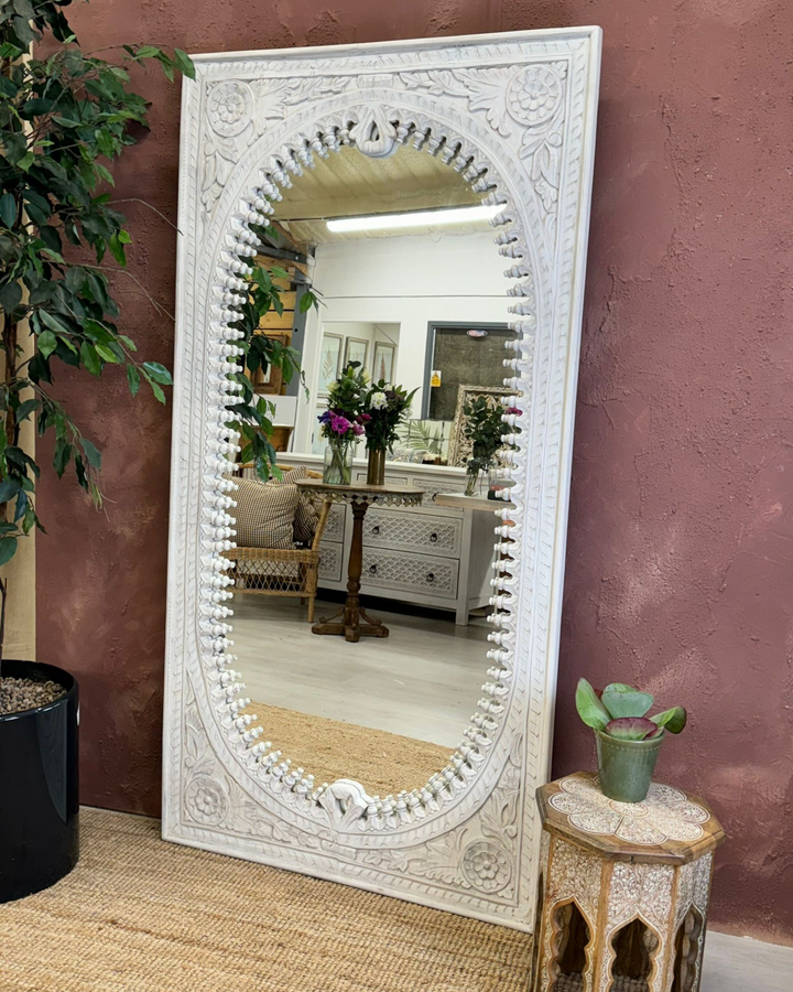 Large Oval Mango Wood Floor Mirror – Whitewashed with Hand-Carved Design