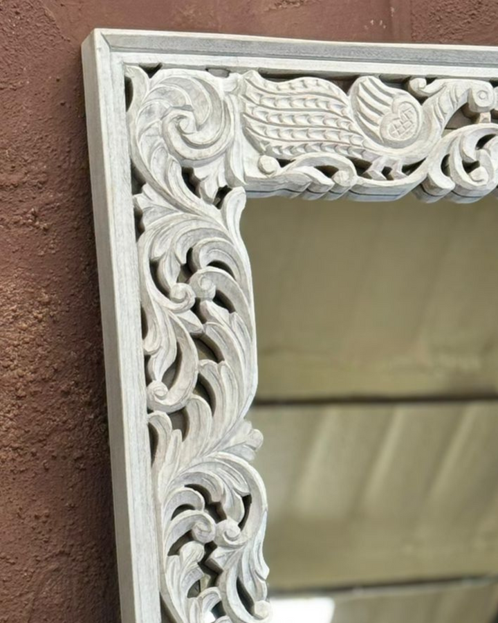 Hand-Carved Mango Wood Mirror – Whitewashed Finish with Peacock & Floral Detail