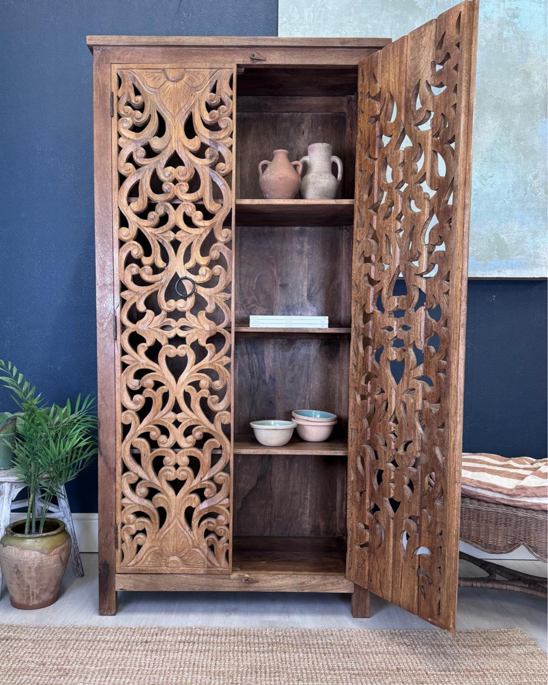 Hand-Carved Mango Wood Armoire – Natural Polished Finish