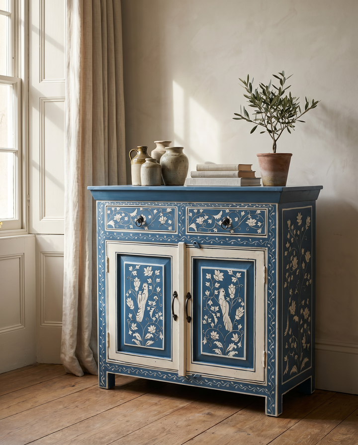 Hand-Painted Blue Mango Wood Sideboard – Two Door Two Drawer Cabinet