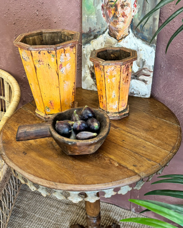 Reclaimed Teak Side Table with Intricate Iron Border