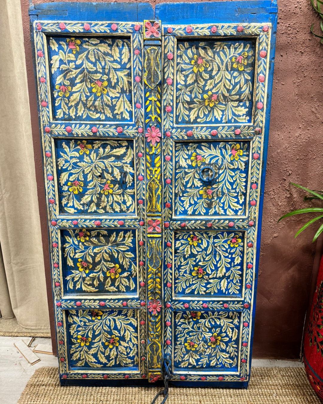 Reclaimed Vintage Hand-Painted Indian Wooden Door – Intricate Floral Artistry