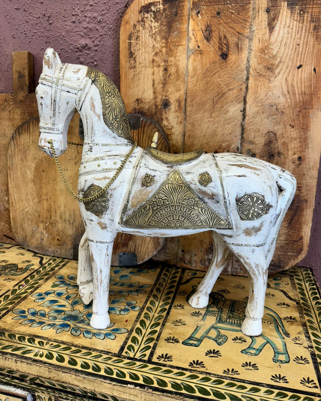 White Hand-Painted & Hand-Carved Mango Wood Horse with Brass Detailing