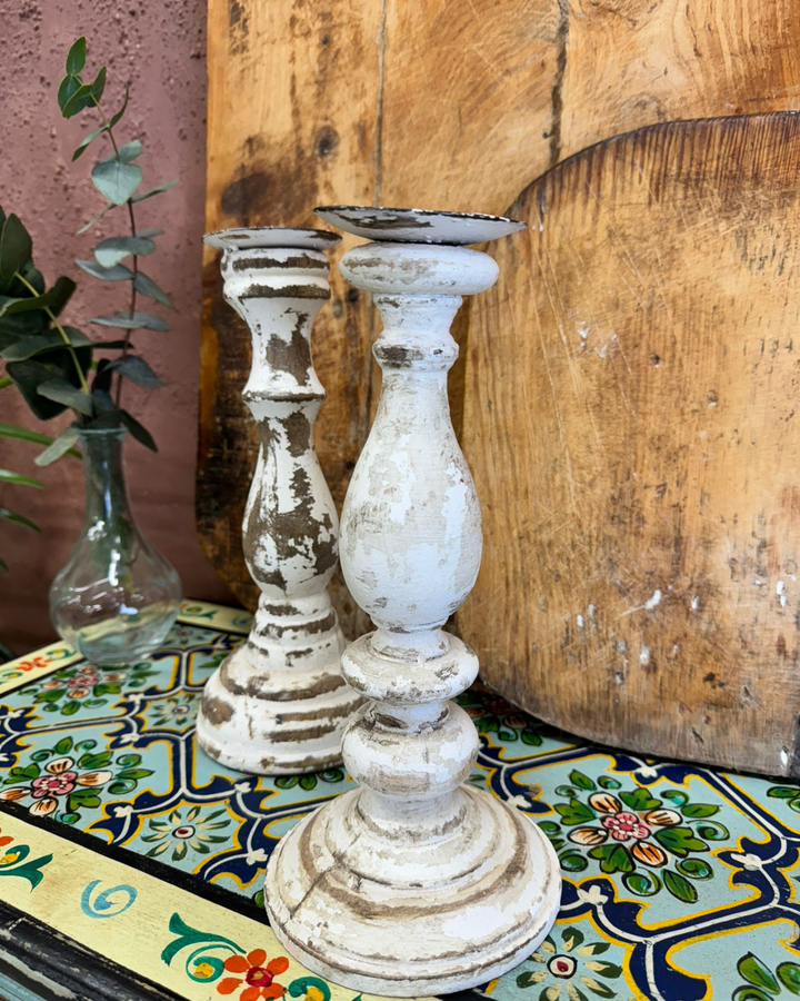 Set of 2 Whitewashed Vintage Mango Wood Candlestick Holders