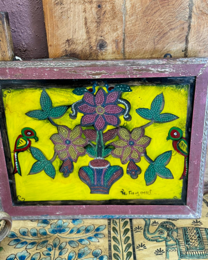 Handcrafted Vintage Indian Glass Painting with Beaded Embellishments