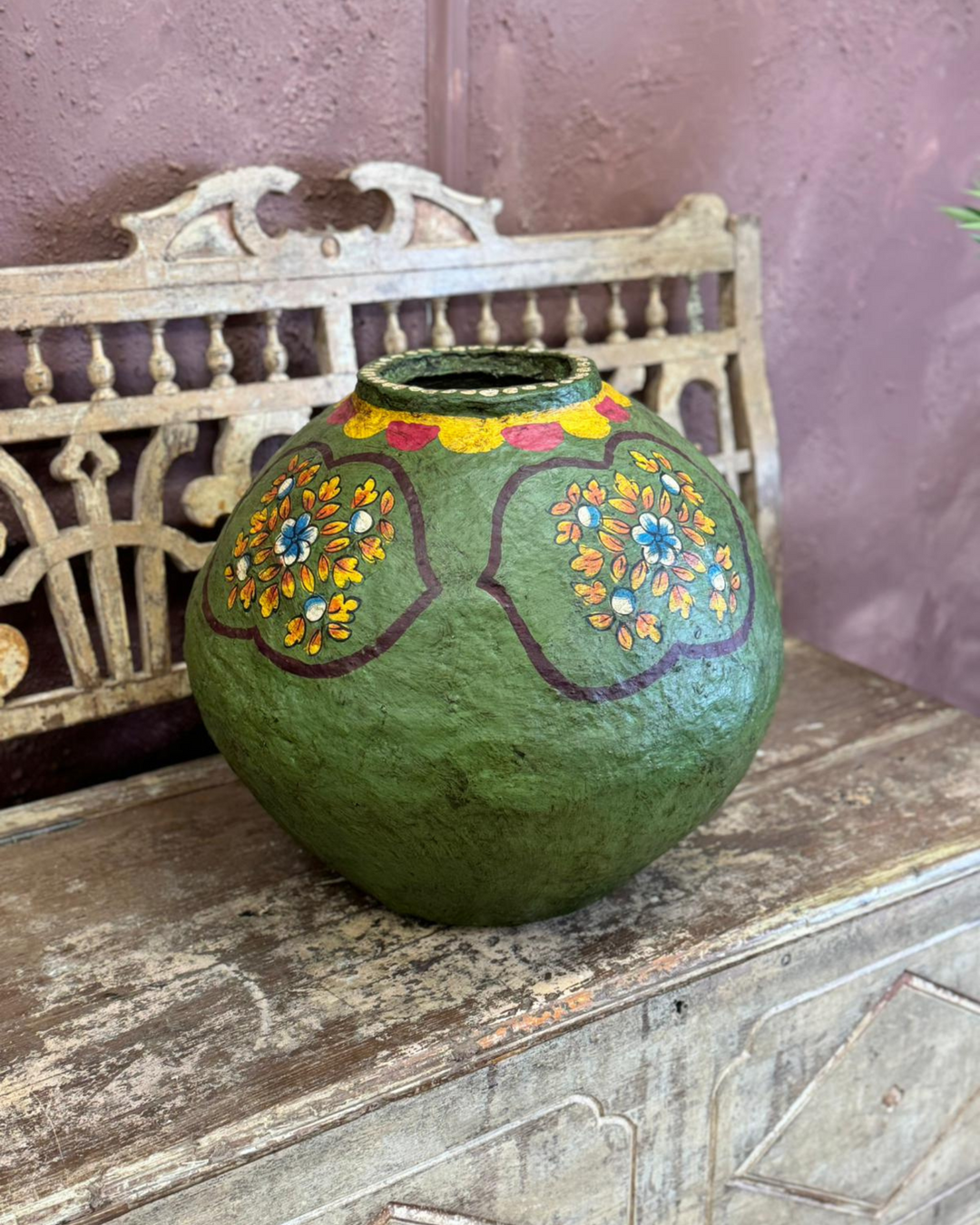 Hand-Painted Green Paper Mâché Decorative Pot