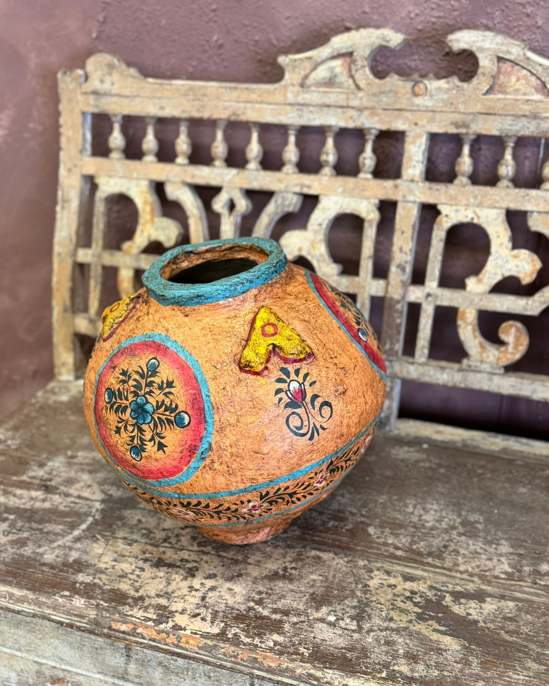 Hand-Painted Indian Papier-Mâché Planter – Vibrant Orange and Turquoise