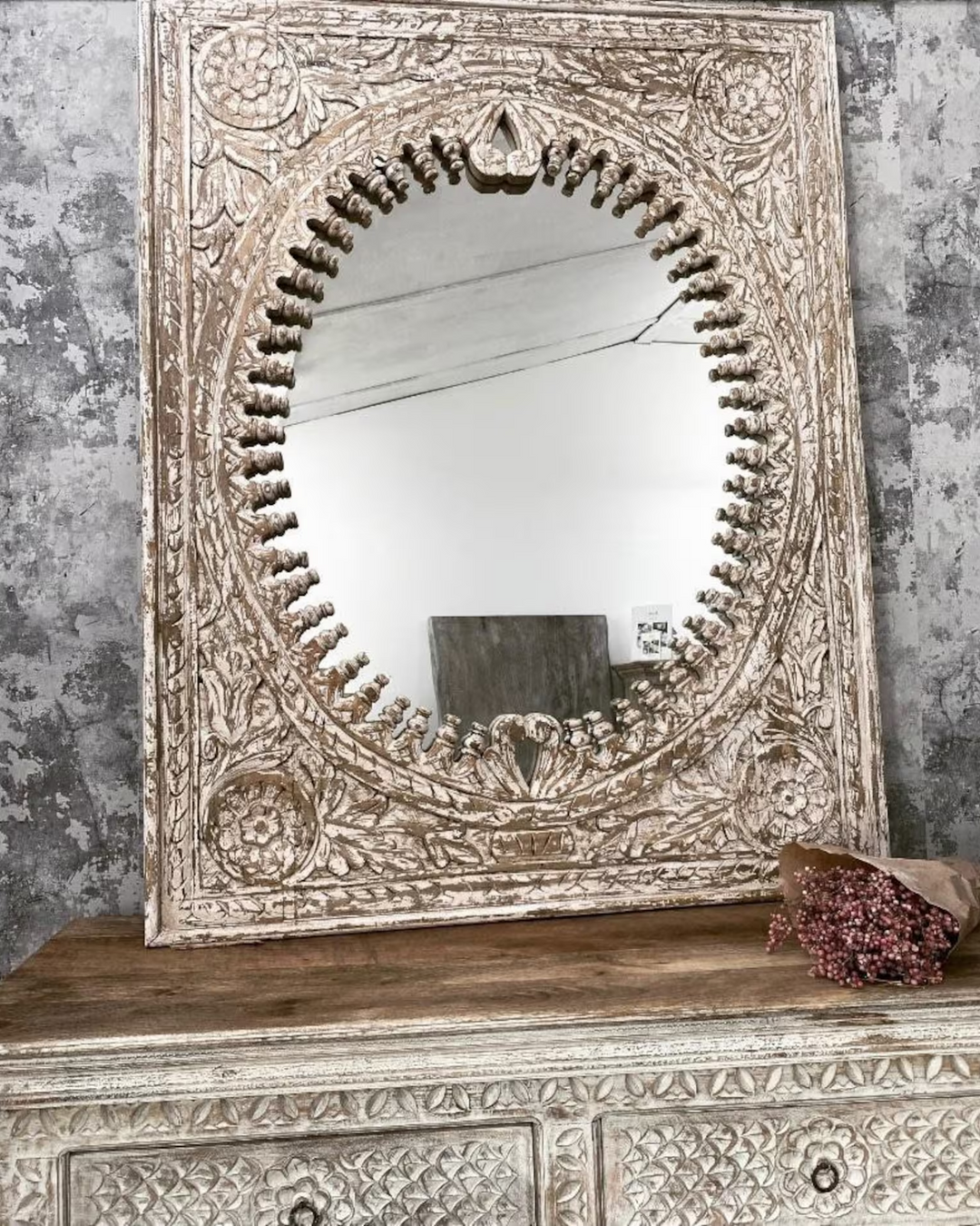 Exquisite Handmade Indian Mirror from Vintage Printing Blocks