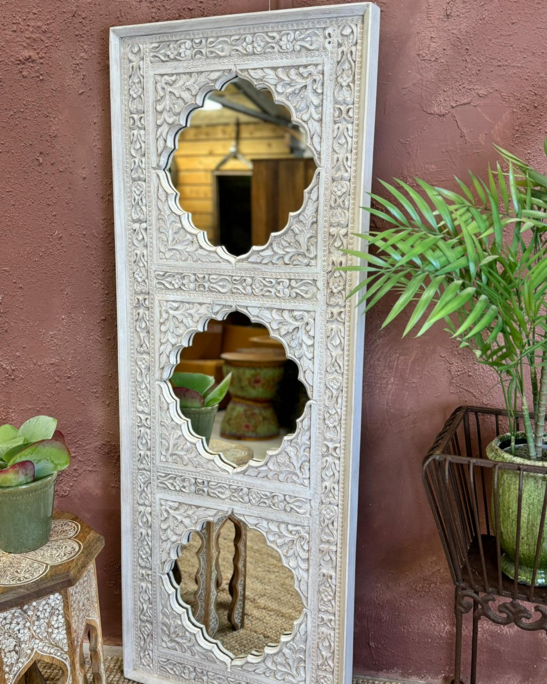 Hand-Carved Wall Mirror with Traditional Indian Design in Mango Wood