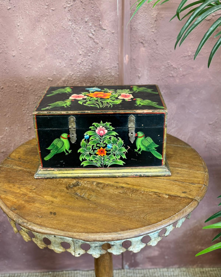 Hand-Painted Wooden Box with Floral and Bird Design