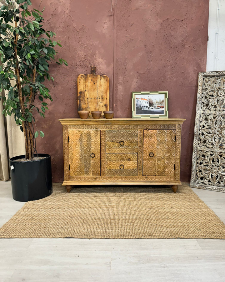 Hand-Carved Flower Design Natural Mango Wood Sideboard