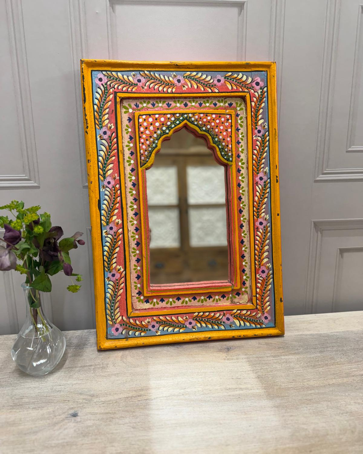 Hand-Painted Vintage Mango Wood Mirror – Arched Frame with Floral Motif