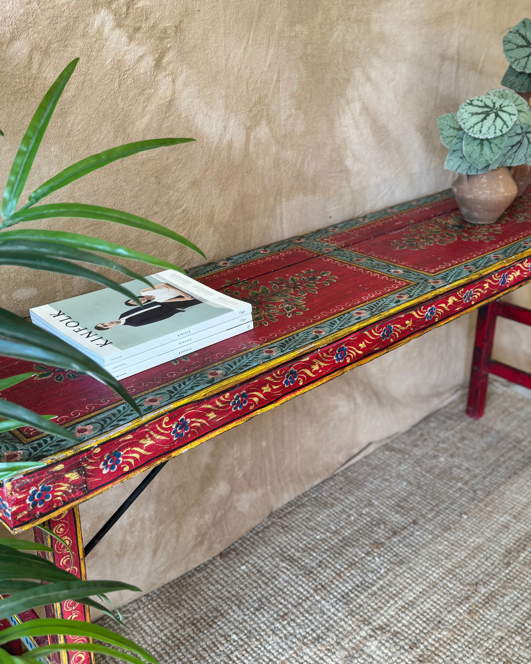 Vintage Hand-Painted Trestle Console Table – Red Floral Design