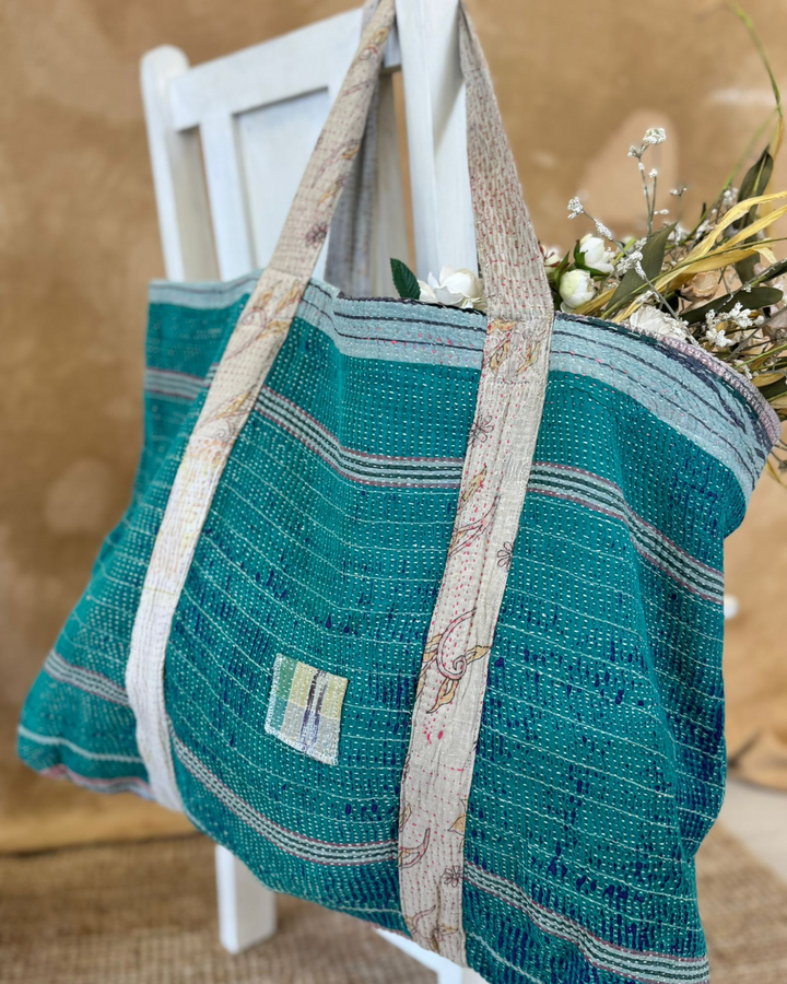 Handmade Upcycled Sari Tote Bag – Teal Stripe | Multi-Purpose Everyday & Beach Bag