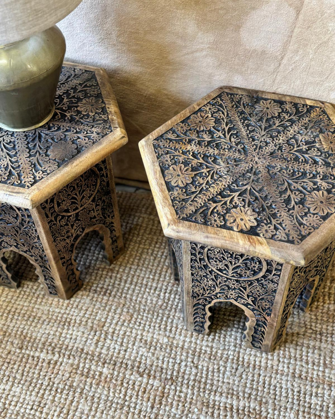 Hand-Carved Hexagonal Mango Wood Table – Black & Natural Finish