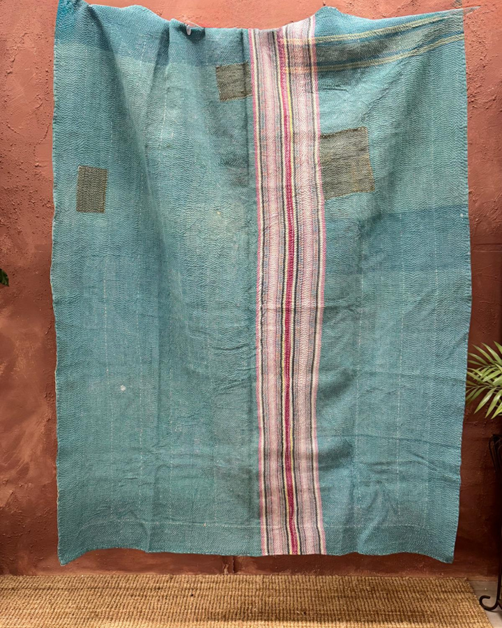 Vintage Hand-Embroidered Kantha Throw – Forest Green & Teal Striped Sari