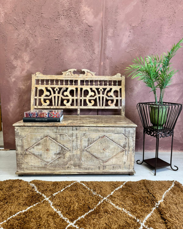 Vintage Reclaimed Teak Bench Seat with Backrest and Hidden Chest Compartment