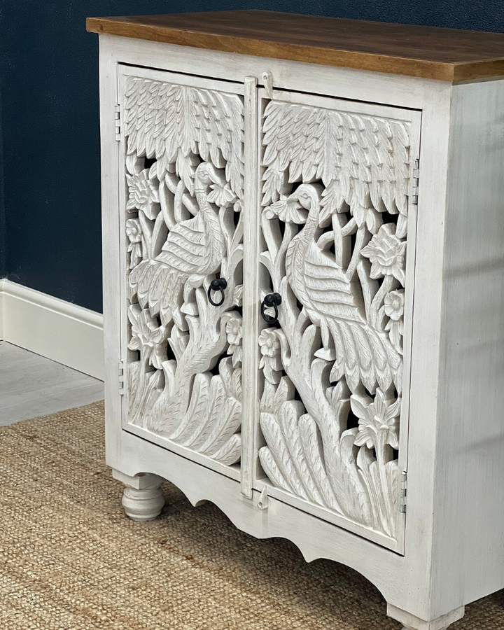 Handcrafted Two Door Peacock Carved Mango Wood Sideboard - Whitewashed