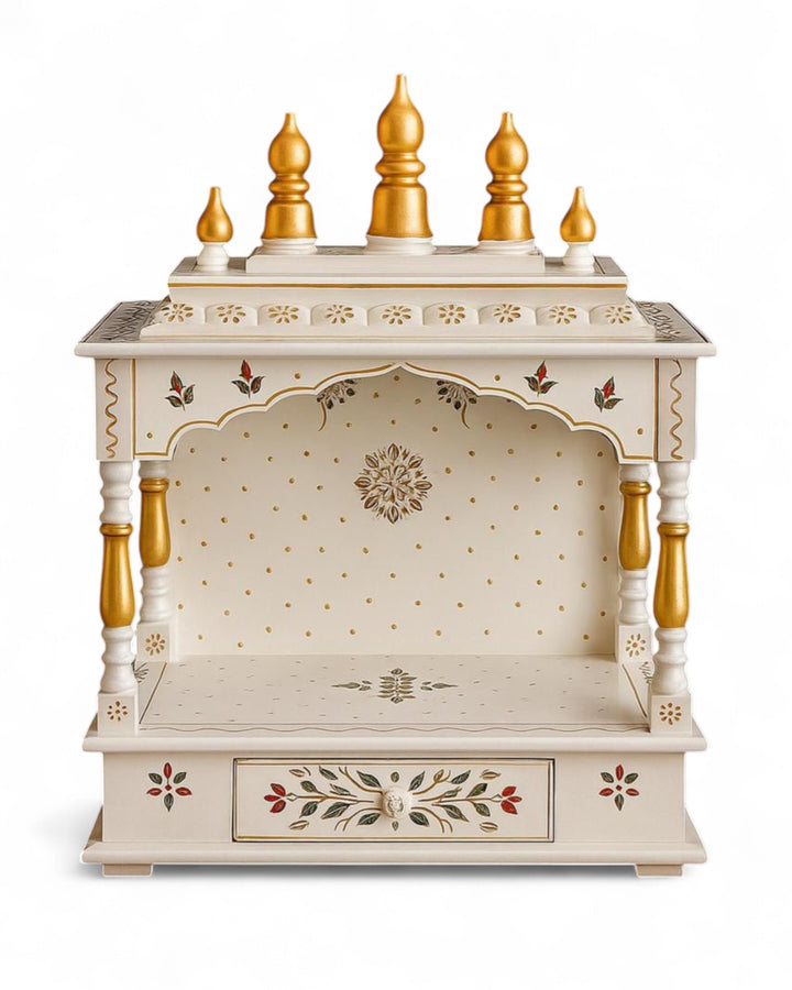 Hand-Painted Ivory Mango Wood Mandir – Floral Motifs & Gold Domes