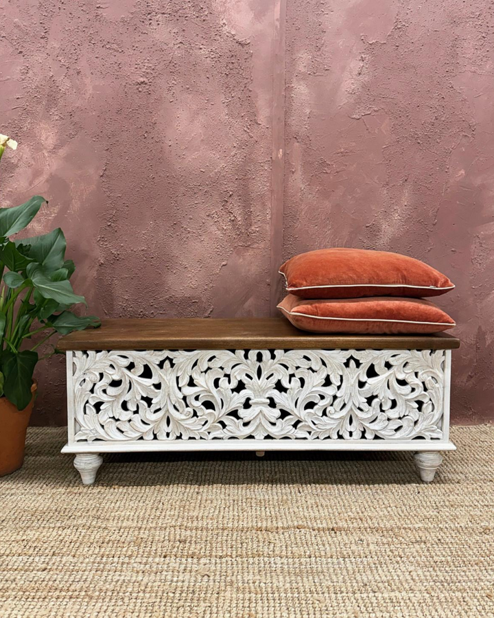 Hand Carved Whitewashed Storage Box