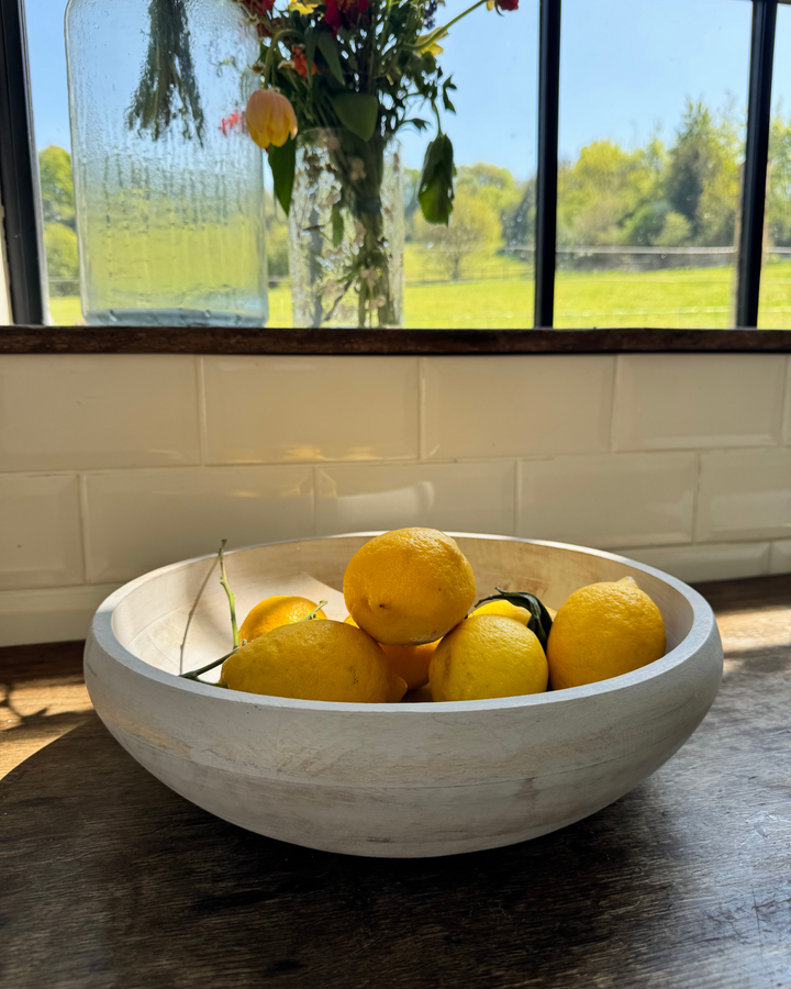 Whitewashed Hand-Carved Mango Wood Fruit Bowl