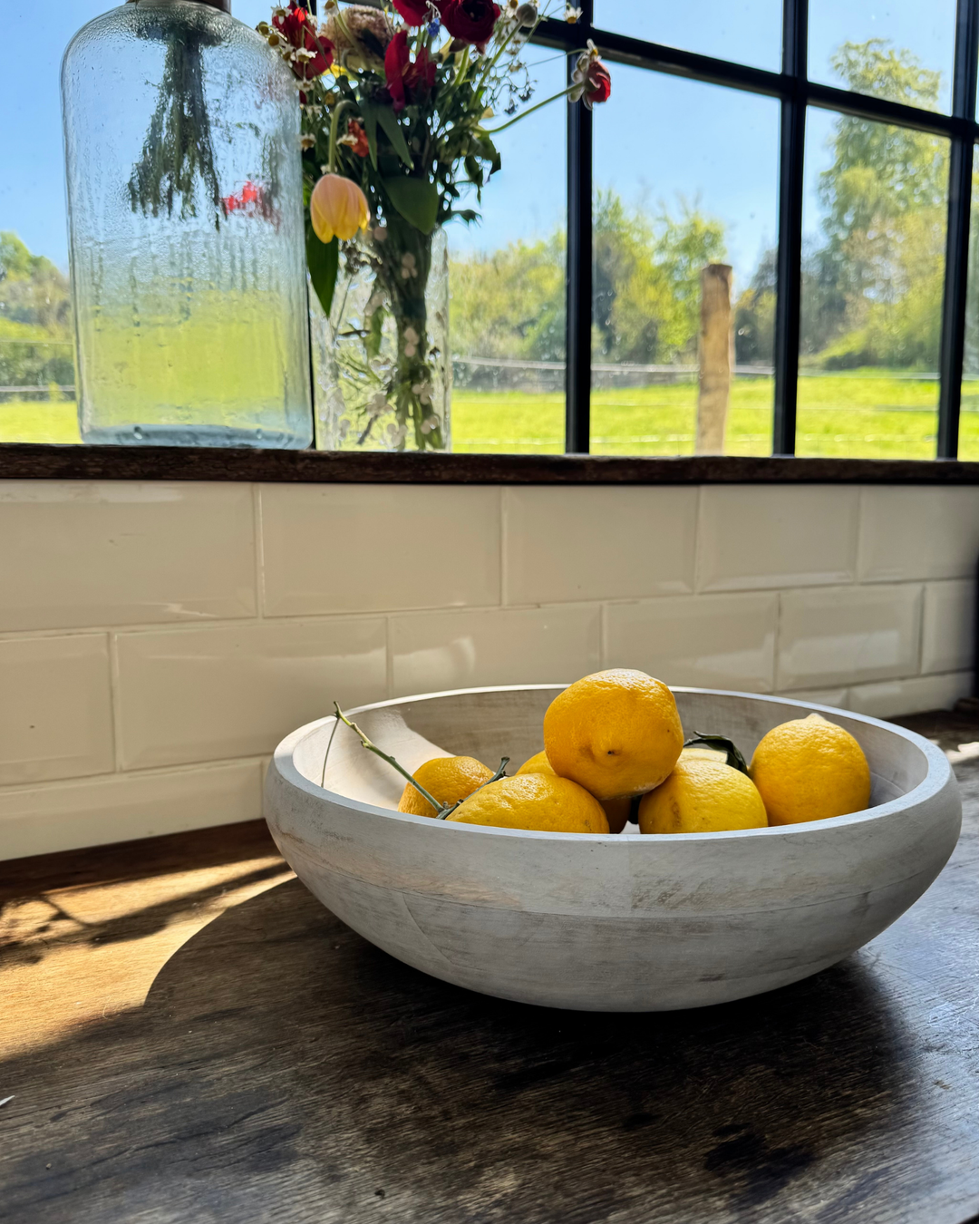 Whitewashed Hand-Carved Mango Wood Fruit Bowl