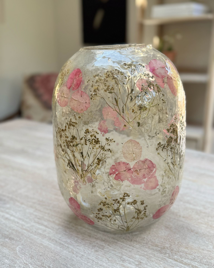 Pressed Flower Glass Vase – Jaipur-Inspired Mosaic with Dried Botanicals (31cm)