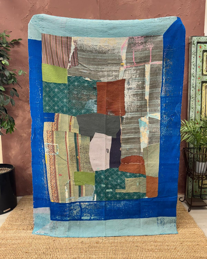 Vintage Hand-Embroidered Kantha Throw – Blue & Teal Patchwork with Striped Sari Panels