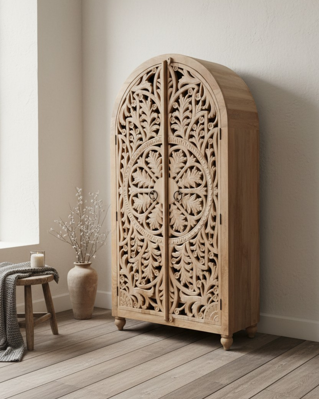 Arched Hand-Carved Mango Wood Armoire – Light Natural Finish with Floral Detailing