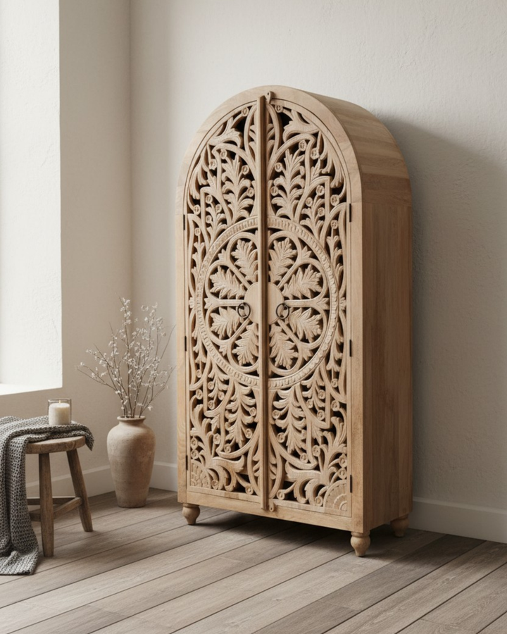 Arched Hand-Carved Mango Wood Armoire – Light Natural Finish with Floral Detailing