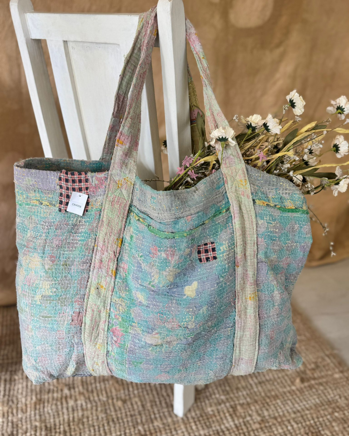 Handmade Upcycled Sari Tote Bag – Pastel Floral Patchwork | Multi-Purpose Everyday & Beach Bag