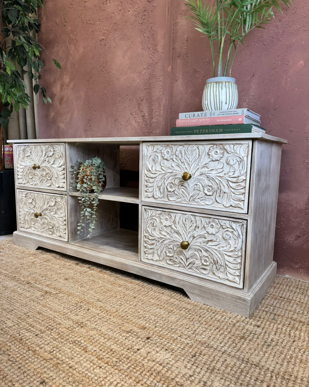 Hand-Carved Mango Wood 4-Drawer TV/Media Sideboard with Floral Design