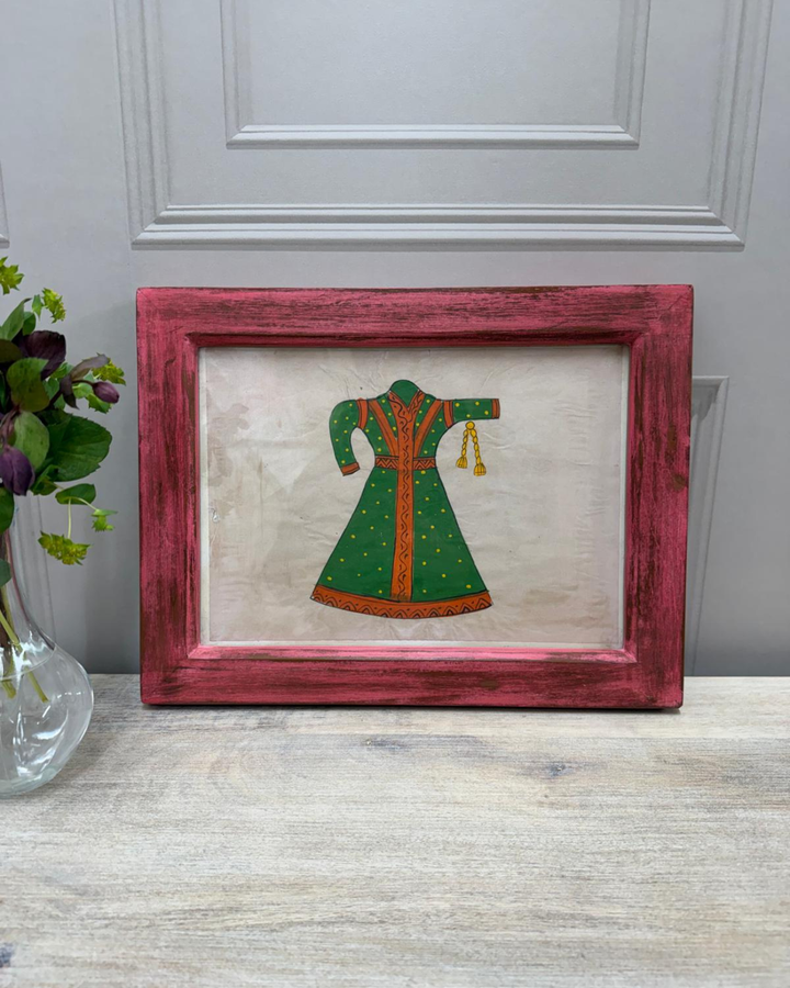 Vintage Mango Wood Framed Artwork – Hand-Painted Green Traditional Dress with Red Frame