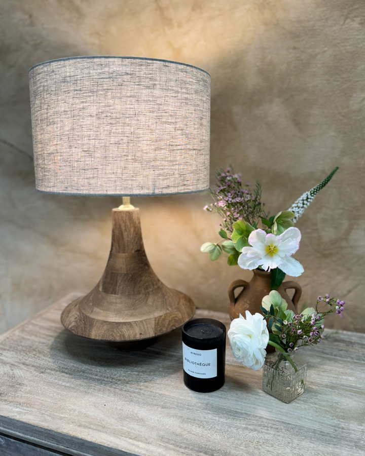 Mango Wood Table Lamp – Petite Sculptural Design with Linen Shade