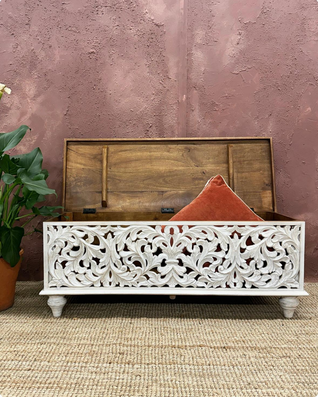 Hand Carved Whitewashed Storage Box