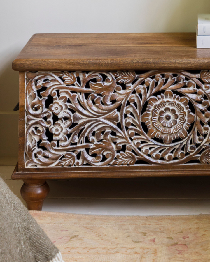 Hand-Carved Mango Wood Storage Box – Whitewashed Floral Design
