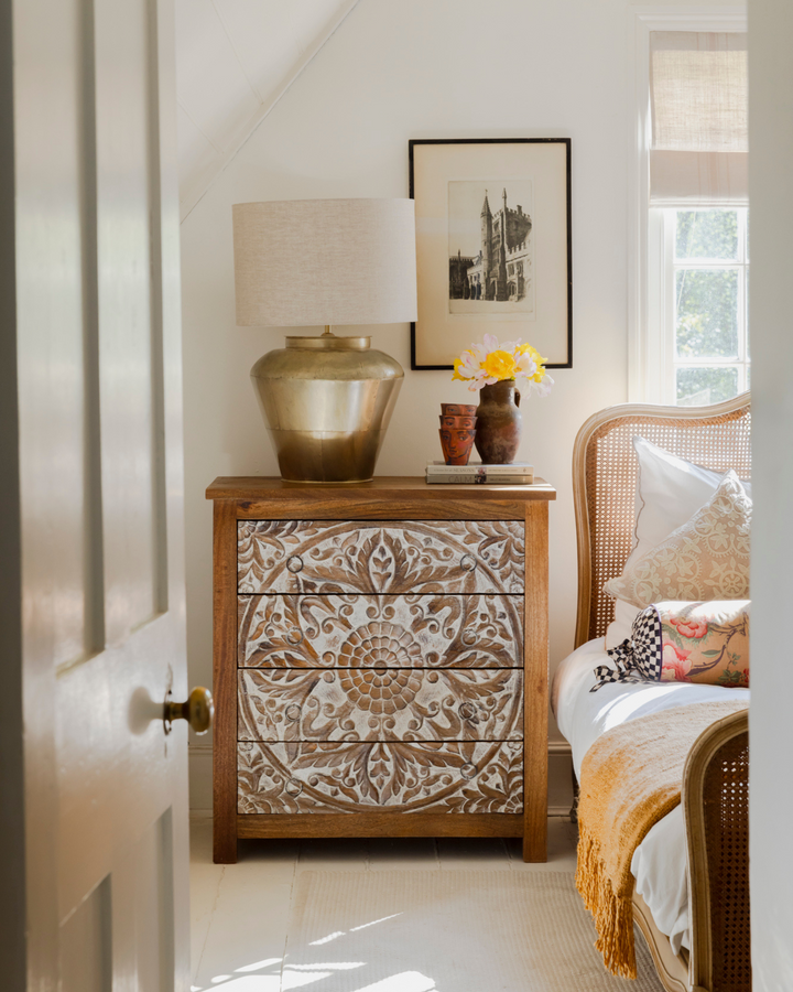 Hand-Carved Four Drawer Mango Wood Chest – Floral Petal Design
