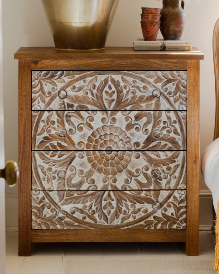 Hand-Carved Four Drawer Mango Wood Chest – Floral Petal Design