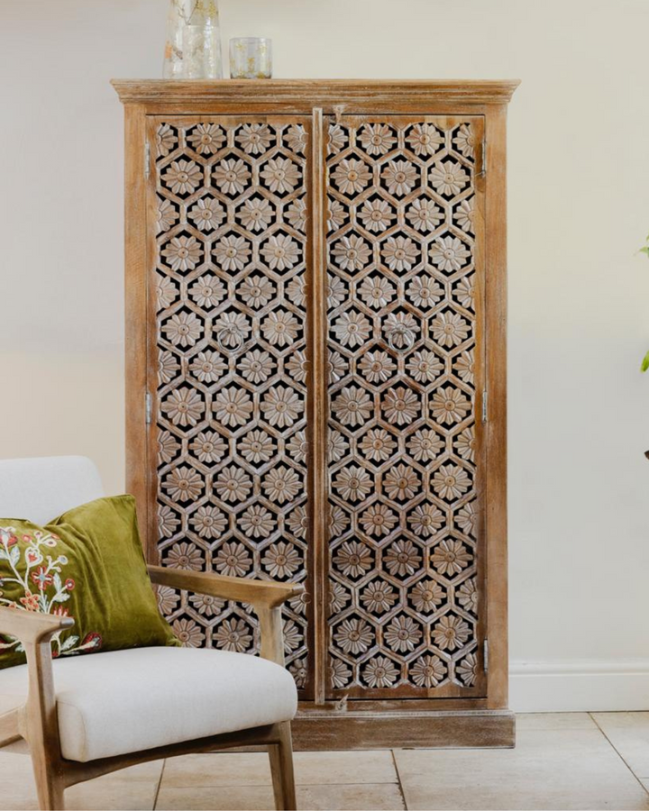 Hand-Carved Mango Wood Armoire – Petal Motif with Internal Shelving