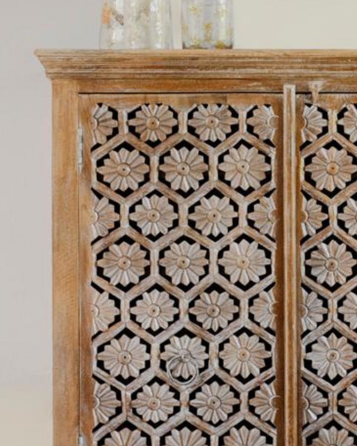 Hand-Carved Mango Wood Armoire – Petal Motif with Internal Shelving