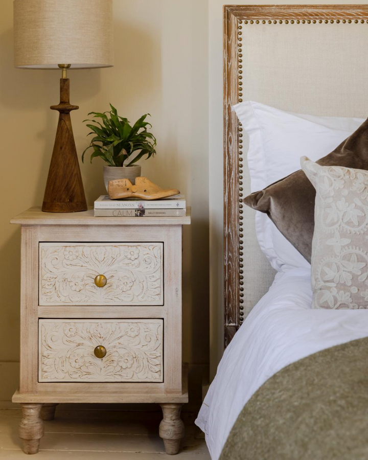 Pair of Hand-Carved Mango Wood Bedside Tables - Whitewashed Finish