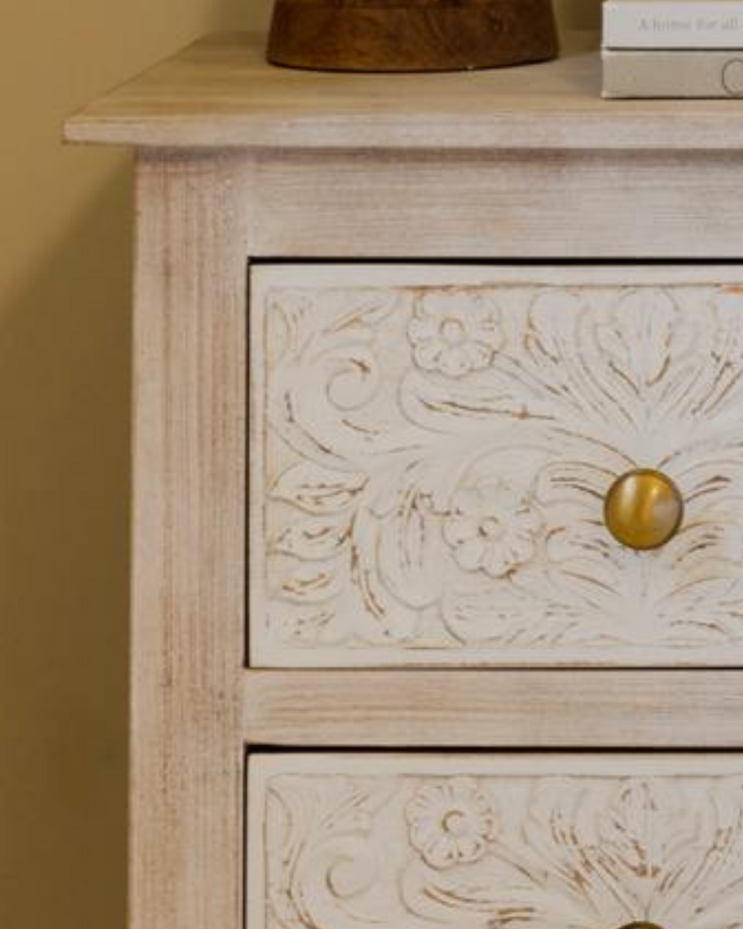 Pair of Hand-Carved Mango Wood Bedside Tables - Whitewashed Finish