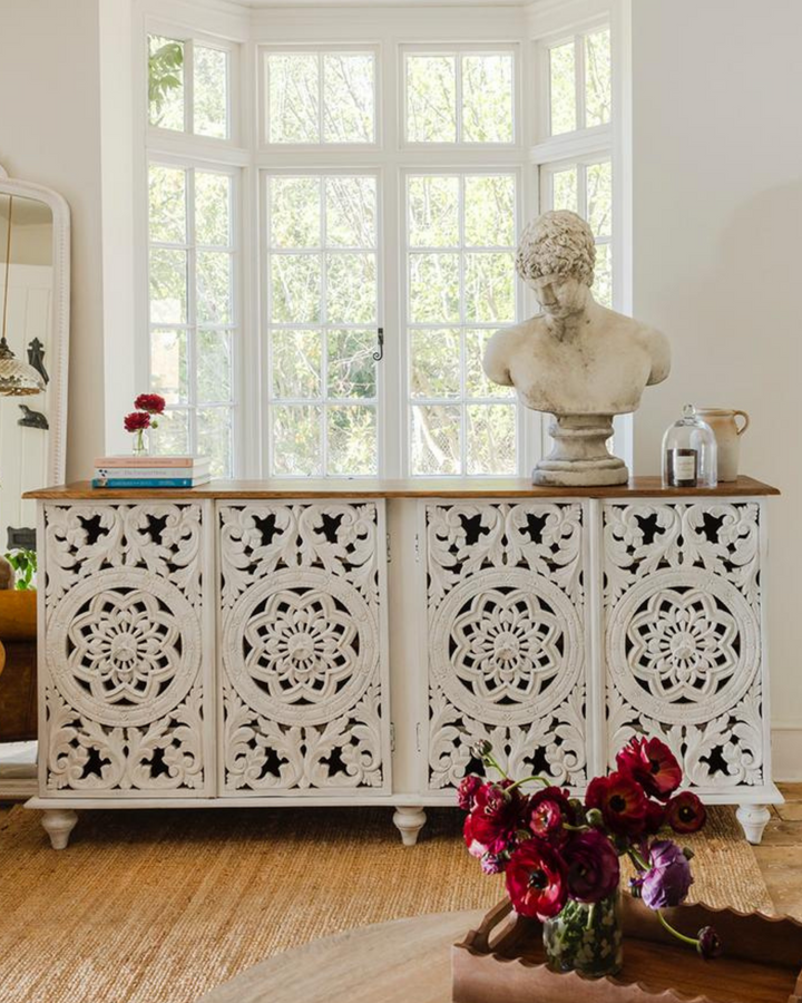 Hand-Carved Whitewashed Four Door Mango Wood Sideboard – Open Floral Design