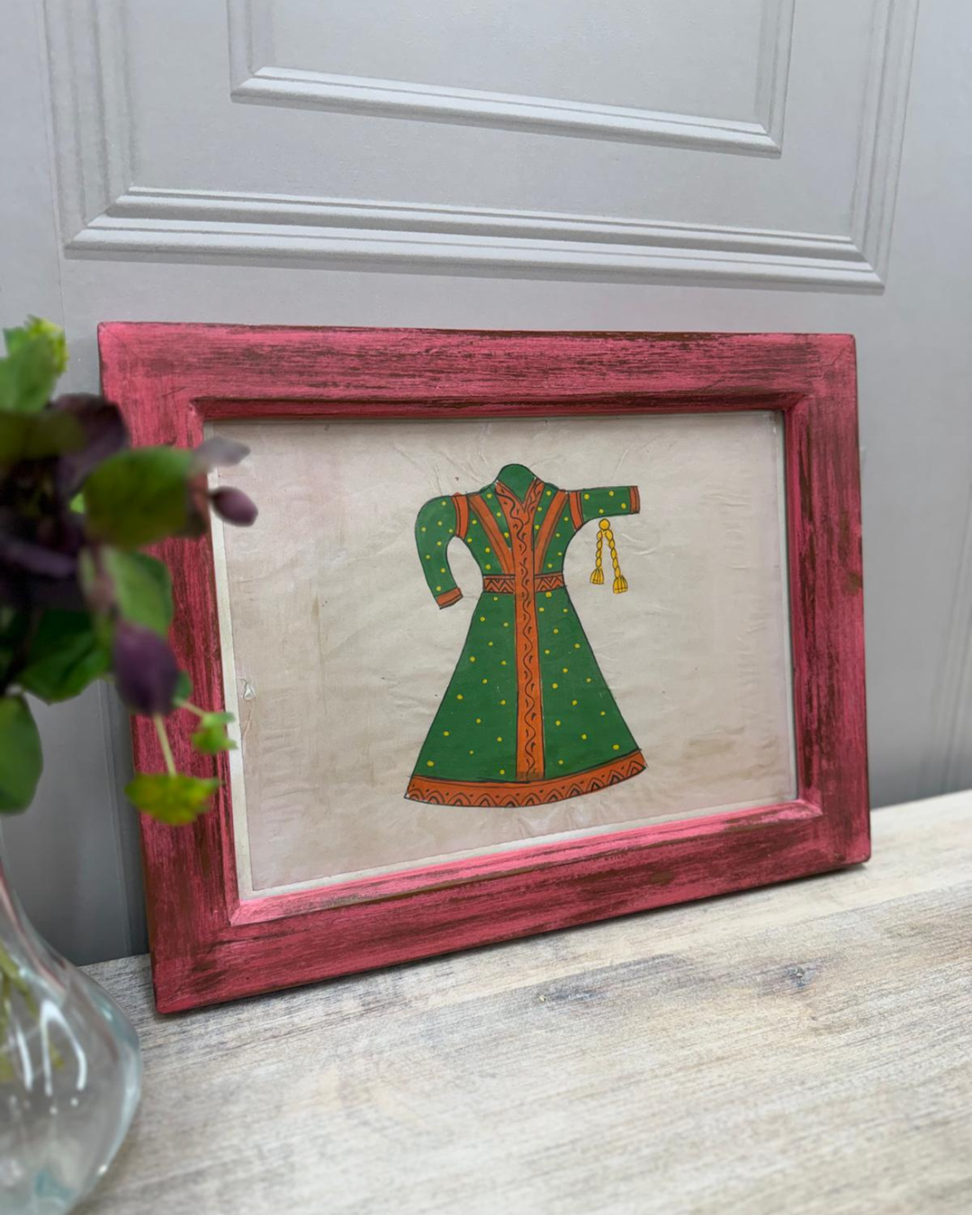 Vintage Mango Wood Framed Artwork – Hand-Painted Green Traditional Dress with Red Frame