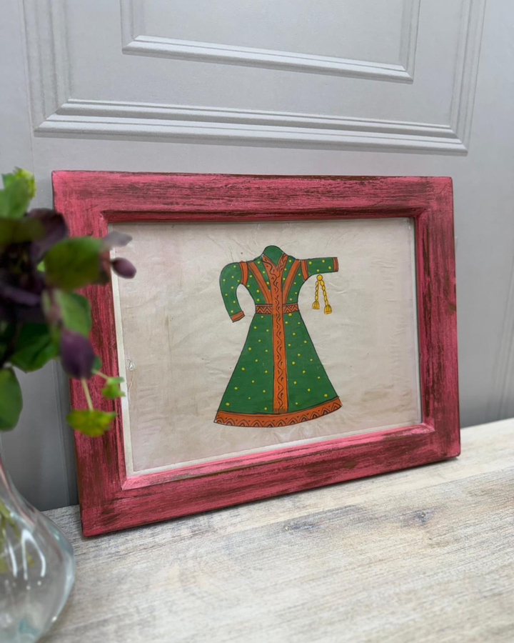 Vintage Mango Wood Framed Artwork – Hand-Painted Green Traditional Dress with Red Frame